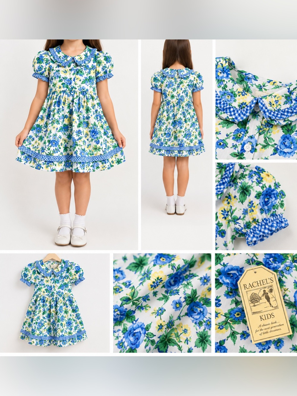 ✨🌼 NWT RACHEL’S KIDS – Vtg 90s Periwinkle & Yellow Gingham Floral Dress Sz 4T 🌼✨